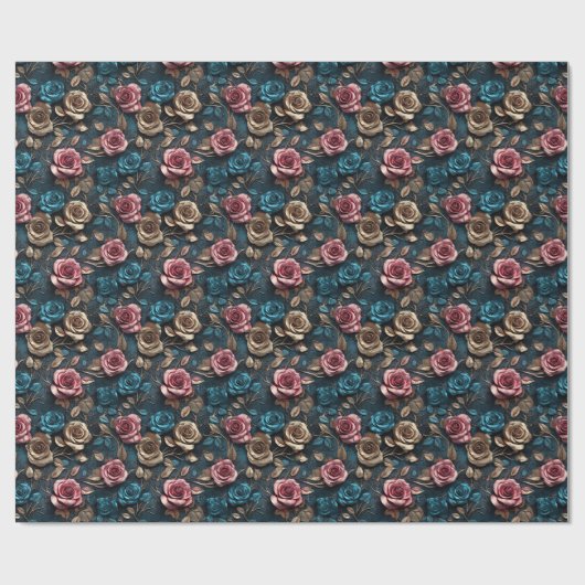 Roze Goudblauwe Rozen Cadeaupapier (Vlak)