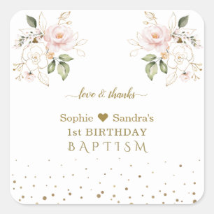 Roze goudbloemen Meisjes Twins 1st Birthday Baptis Vierkante Sticker