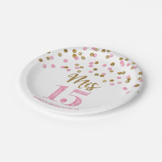 Roze goudConfetti Mis 15 Quinceanera Papieren Bordje (Gekanteld)