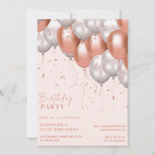 Roze gouden 11e verjaardagsuitnodigingen Ballon Gl Kaart
