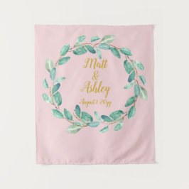 Roze & gouden achtergrond Foto Booth Greenery Wandkleed