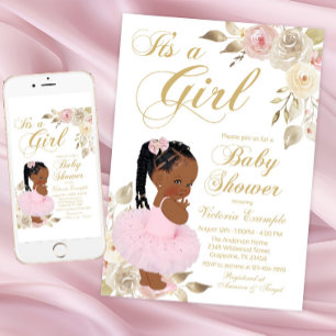 Roze Gouden Afrikaanse Prinses Tutu Baby Shower Kaart