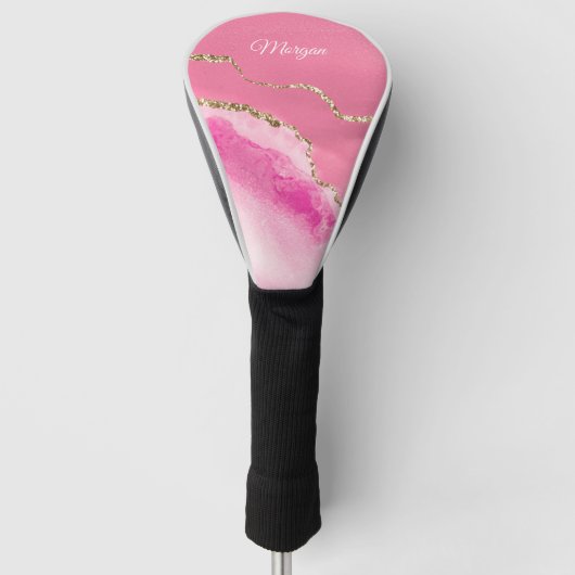 Roze & Gouden Agaat, DIY Naam Wit Script Golfheadcover (Voorkant)
