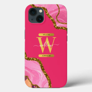 Roze & Gouden Agaat Geode Monogram iPhone 13 Hoesje
