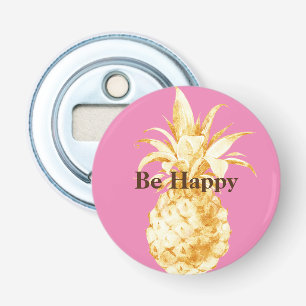 Roze Gouden Ananas Confetti Button Flesopener