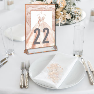 Roze Gouden Aquarel Trouwjurk Tafel Nummers Kaart