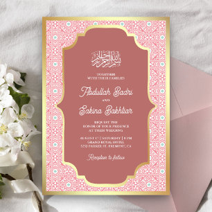 Roze Gouden Arabesk Patroon Moslim Bruiloft Kaart