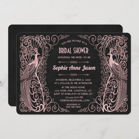 Roze Gouden Art Deco Pauw Bruiloft Kaart (Voorkant / Achterkant)