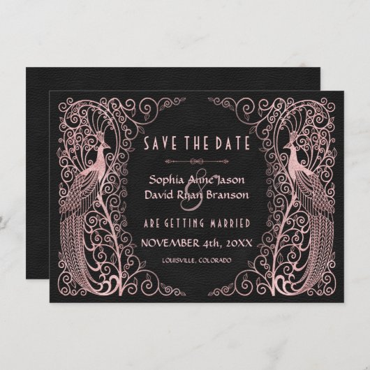 Roze Gouden Art Deco Pauw Save The Date (Voorkant / Achterkant)