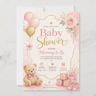 Roze Gouden Baby Shower Uitnodiging Meisje, Aquare