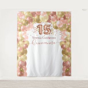 Roze Gouden Ballonboog Quinceanera Wandkleed