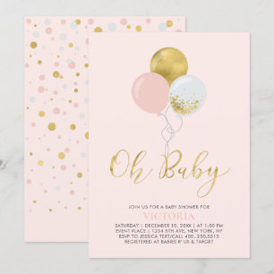 Roze & Gouden Ballonnen   Oh Baby Girl Baby Shower Kaart