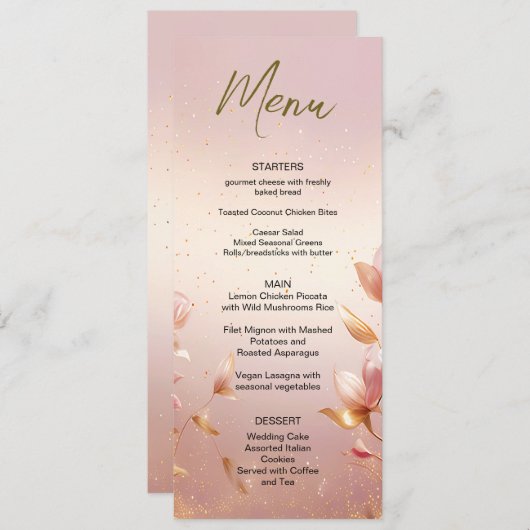 Roze Gouden Bladeren Bloemen Bruiloft Menu (Voorkant / Achterkant)