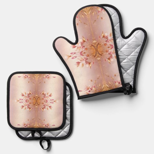 Roze Gouden Bladeren Bloemen Ovenwant & Pannenlap Set (Voorkant / Achterkant)