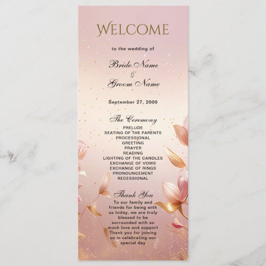 Roze Gouden Bladeren Bloemen Trouwprogramma Programma (Voorkant)