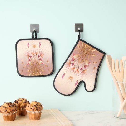Roze Gouden Bladeren Bloemenoven Mitt & Pot Houder Ovenwant & Pannenlap Set (Insitu(Ophanging))