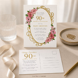 Roze Gouden Bloem 90ste Verjaardagsfeestje Uitnodiging Briefkaart