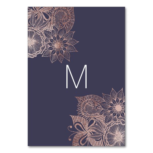 Roze Gouden Bloem- en Marineblauwe Tafel Nummers Kaart (Achterkant)