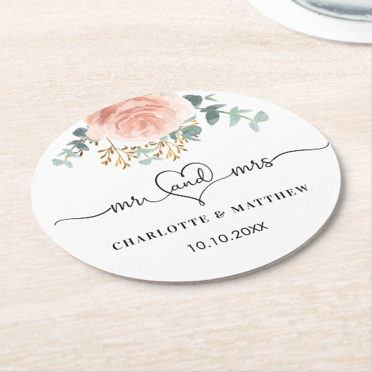 Roze gouden bloem groen mr mrs bruiloft ronde kartonnen onderzetter (Gebogen)