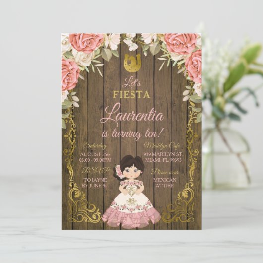 Roze & Gouden Bloem Roos Zoete Meisje Houten Verja Kaart (Staand voorkant)