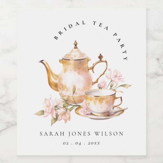 Roze Gouden Bloem Thee Set Bruiloft Thee Feest Wijn Etiket (Enkel label)