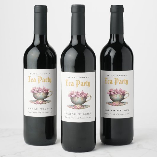 Roze Gouden Bloem Theekopje Bruidsdouche Thee Fees Wijn Etiket (Flessen)