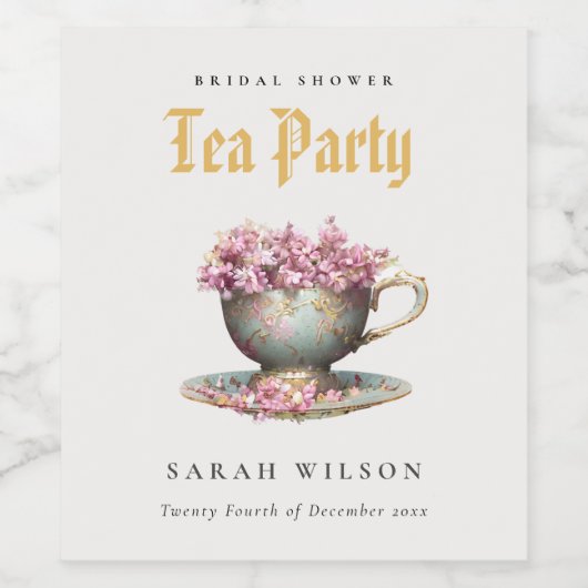 Roze Gouden Bloem Theekopje Bruidsdouche Thee Fees Wijn Etiket (Enkel label)