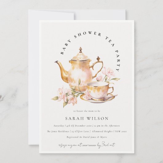 Roze Gouden Bloem Theeset Baby Shower Thee Feestje Kaart (Voorkant)