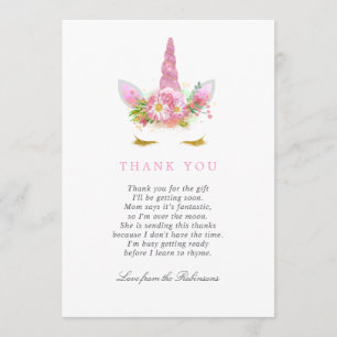 Roze & Gouden Bloem Unicron Meisje Baby Shower Bed Bedankkaart
