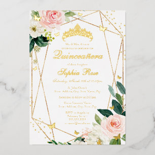 Roze Gouden Bloem Vlinder Quinceanera Folie Uitnodiging