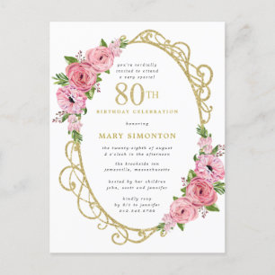 Roze Gouden Bloemen 80ste Verjaardag Uitnodiging Briefkaart