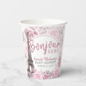 Roze Gouden Bloemen Bonjour Bebe Baby shower Papieren Bekers (Achterkant)