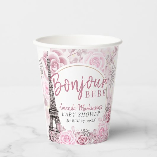 Roze Gouden Bloemen Bonjour Bebe Baby shower Papieren Bekers (Voorkant)