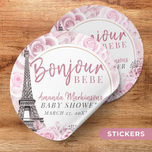 Roze Gouden Bloemen Bonjour Bebe Baby shower Ronde Sticker