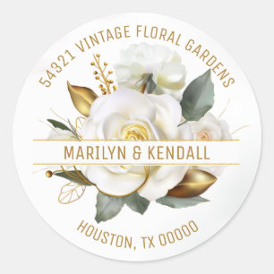 Roze Gouden Bloemen Bruiloftadres Ronde Sticker