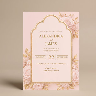 Roze & Gouden Bloemen Bruiloftsinvitaties Kaart