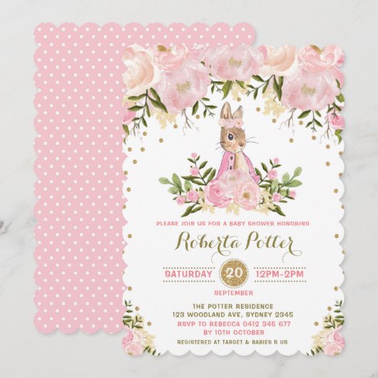 Roze Gouden Bloemen Bunny Konijn Baby shower Uitno Kaart (Voorkant / Achterkant)