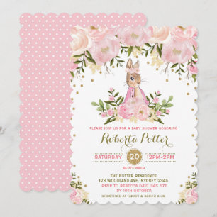 Roze Gouden Bloemen Bunny Konijn Baby shower Uitno Kaart