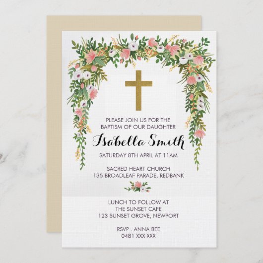 Roze Gouden Bloemen Doop / Doop Uitnodiging (Voorkant / Achterkant)