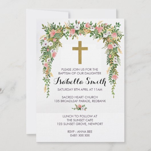 Roze Gouden Bloemen Doop / Doop Uitnodiging (Voorkant)