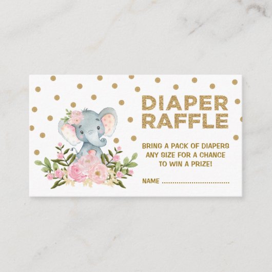 Roze & Gouden Bloemen Elephant Luier Raffle Ticket Informatiekaartje (Voorkant)