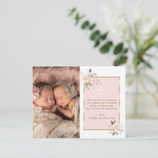 Roze Gouden Bloemen Foto Meisjes Tweeling Doop  Bedankkaart