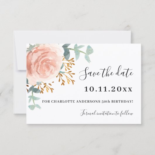 Roze gouden bloemen groen verjaardag Save the Date (Voorkant)