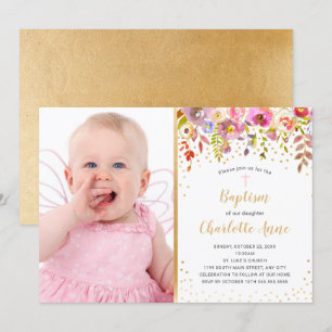 Roze Gouden Bloemen Meisje foto Doopsel uitnodigin Kaart