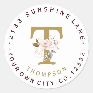 Roze Gouden Bloemen Monogram Cirkelvormig Adres Ronde Sticker