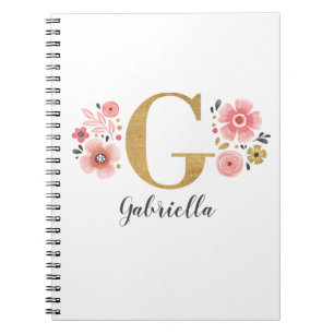 Roze gouden bloemen monogram letter G Notitieboek