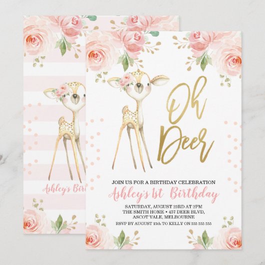 Roze Gouden Bloemen Oh Herten Verjaardag Uitnodigi Kaart (Voorkant / Achterkant)