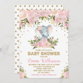 Roze & Gouden Bloemen Olifant Baby shower Uitnodig Kaart (Voorkant / Achterkant)