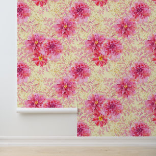 Roze Gouden Bloemen op Cream Behang