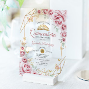 Roze Gouden Bloemen Quinceanera Acryl Uitnodigingen